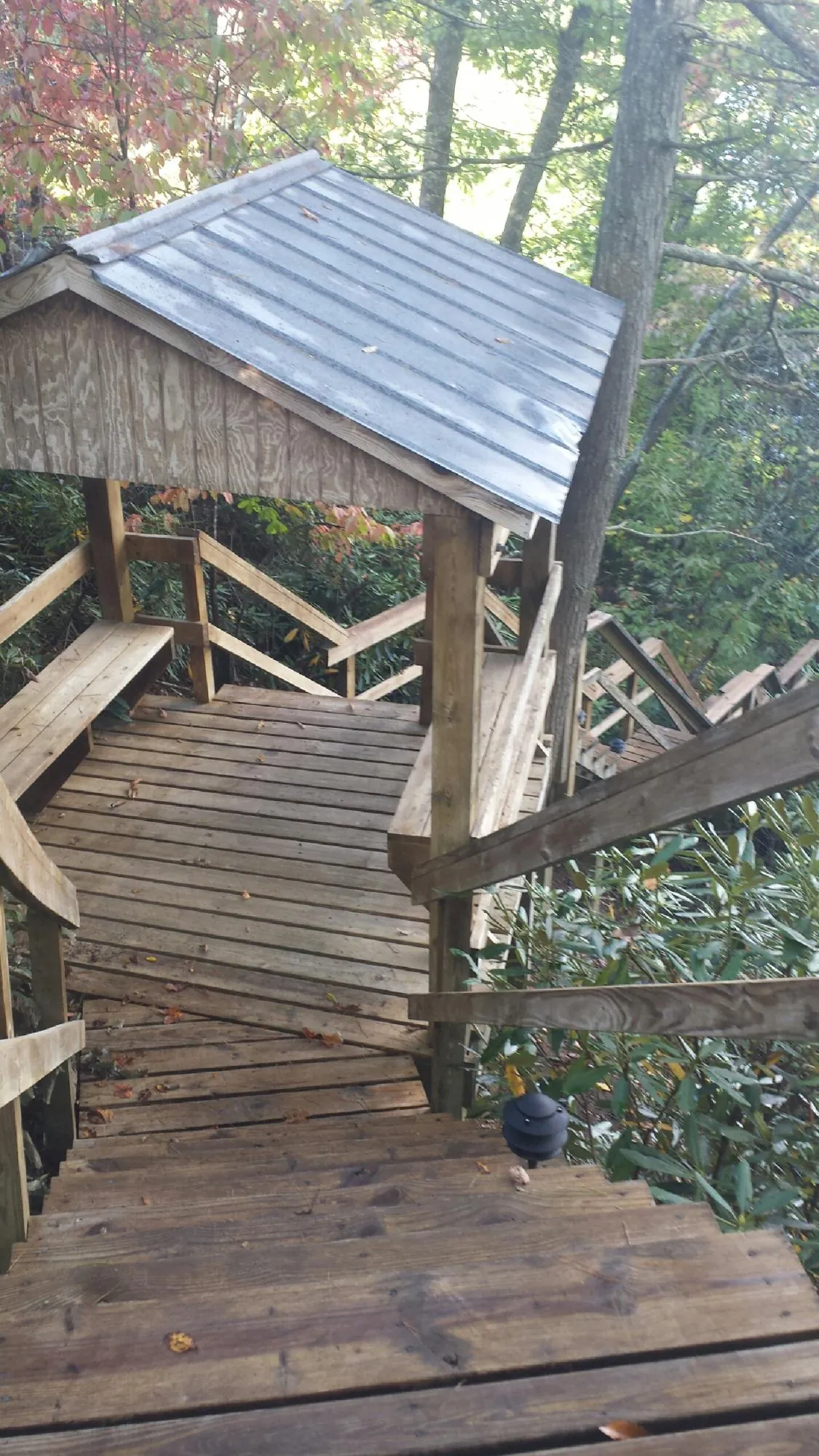 Metal roofed shelter over wooden steps on a wooded walkway — Skylight Repair & Installation work by our crew in River Rouge